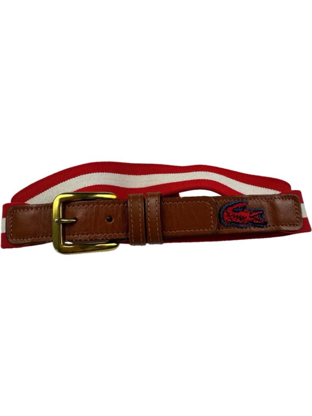 Lacoste Men’s Red White Stretch Fabric Leather Trim Skinny Belt Large 38/95